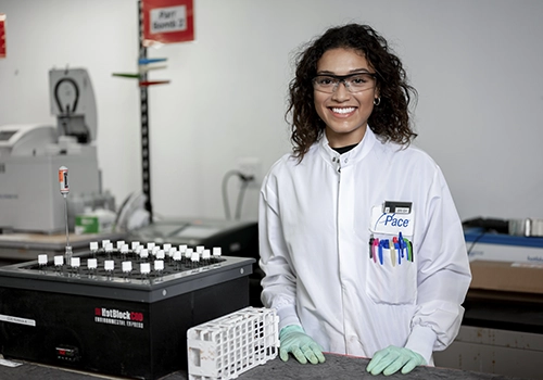 Pace Whole effluent toxicity testing. Pace Scientist working in Laboratory.