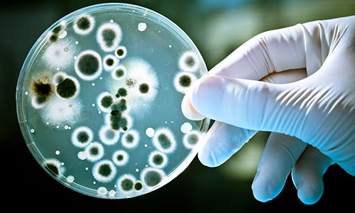gloved hand holding petri dish with bacteria cultures.